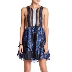 Free People "Katie" mini dress, crochet bodice and floral print skirt